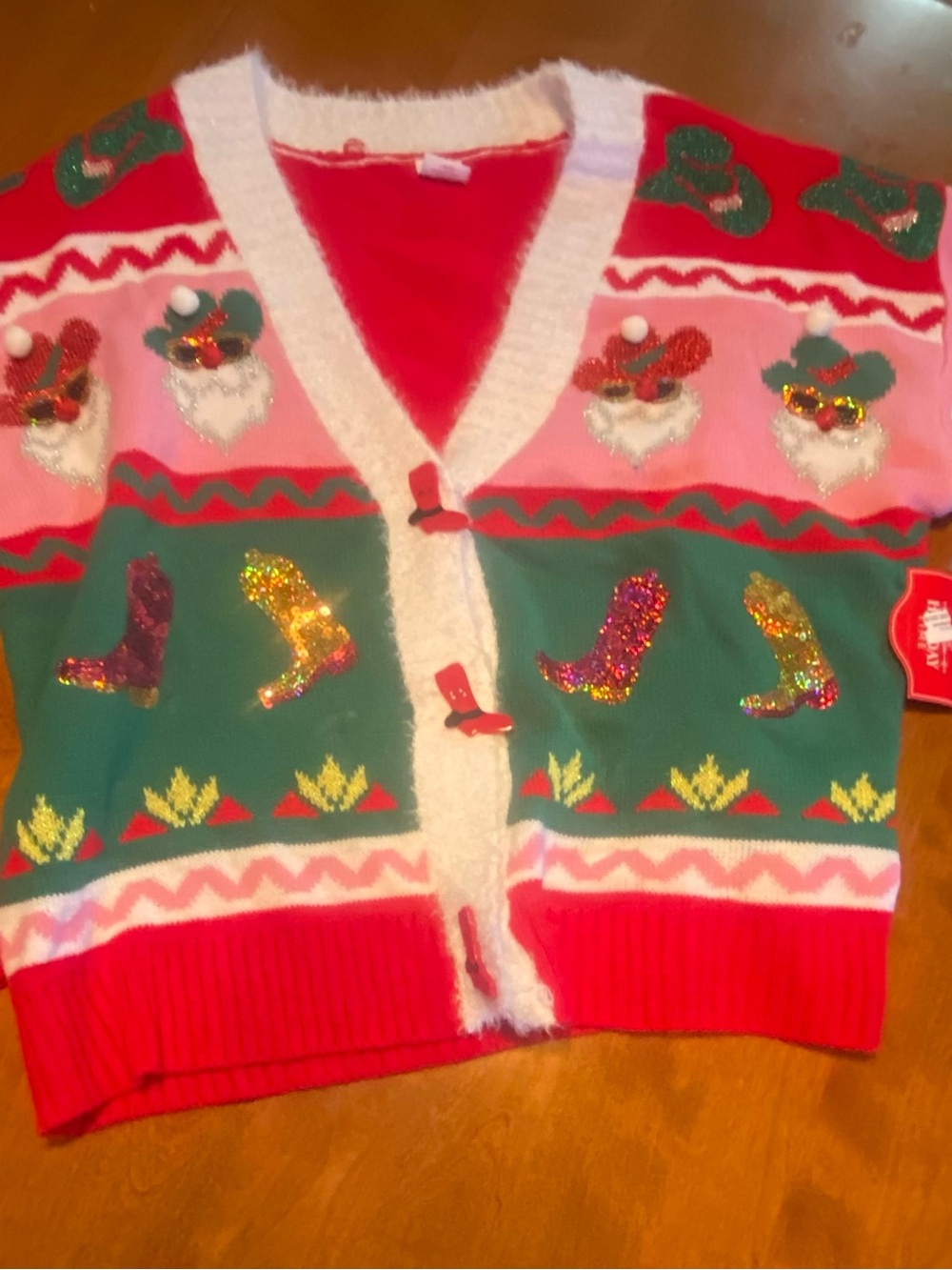 Holiday Time Red, Green & Pink Sequined Boot Santa Cardigan